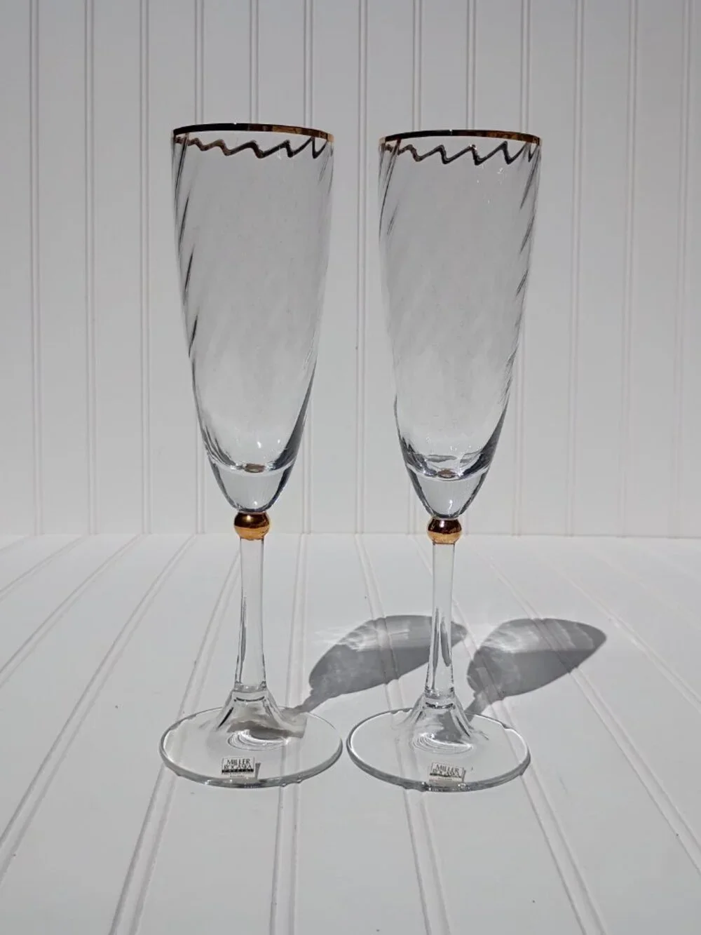 Miller Rogaska Reed & Barton Jubilee Gold Flute Champagne Wine Glasses Set of 2